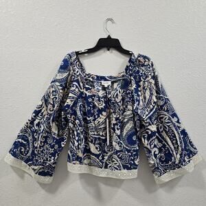 Nicole Miller Blouse Boho Womens OverSize S Paisley Linen Lace Trim Flare Sleeve